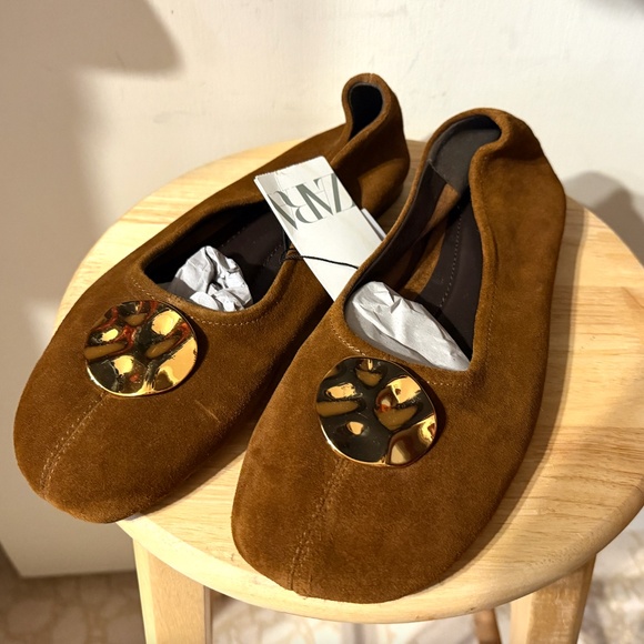 Zara chocolate brown suede leather embellished ballet NWT - Picture 3 of 10